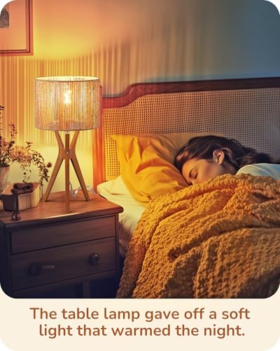 EDISHINE 17.5" Rattan Table Lamp, Wood Bedside Lamp with Handmade Paper Rope Woven Lampshade, Nightstand Lamp for Living Room, Bedroom, E26 Base, ON-Off Switch - color: Vertical Stripes