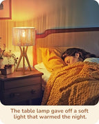 EDISHINE 17.5" Rattan Table Lamp, Wood Bedside Lamp with Handmade Paper Rope Woven Lampshade, Nightstand Lamp for Living Room, Bedroom, E26 Base, ON-Off Switch - color: Vertical Stripes