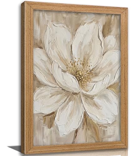 Framed White Flower Wall Art, Abstract Floral Canvas Print Poster, Neutral Boho Flowers Botanical Wall Decor for Living Room Bedroom, Minimalist Home Decoration, - color: White flowers, size: 24"L x 16"W