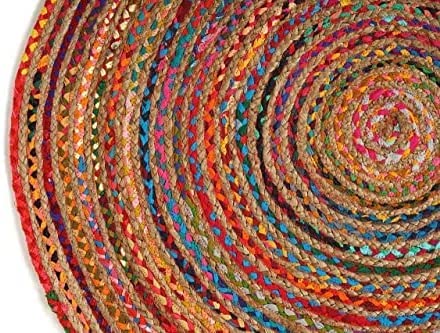 GRUHUM Handwoven 5'feet Jute Cotton Round Area Rug, Natural Multi Chindi Boho Colorful Rustic Vintage Soft Braided Reversible Bohemian Rug- Indoor Kitchen Bedroom Living Room (5'ft Circle) - color: Multi Color- 06, size: 5' (Round)
