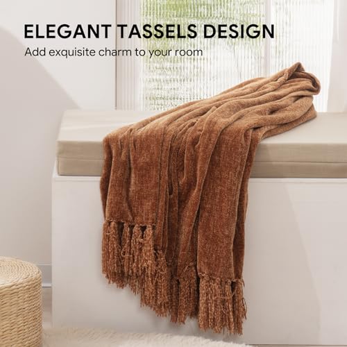 RECYCO Throw Blanket Soft Cozy Chenille Throw Blanket with Fringe Tassel for Couch Sofa Chair Bed Living Room Gift (Rust, 60" x 80") - color: Rust, size: 60'' X 80''