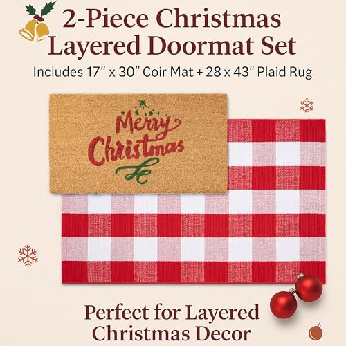Christmas Door Mat Combo Set - 100% Coco Coir Welcome Mat + 28 x 43 Inch Red and White Plaid Rug, New Year Holiday Christmas Collection Doormat for Front Porch Entryway Decorative