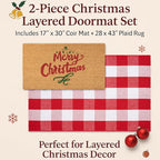 Christmas Door Mat Combo Set - 100% Coco Coir Welcome Mat + 28 x 43 Inch Red and White Plaid Rug, New Year Holiday Christmas Collection Doormat for Front Porch Entryway Decorative