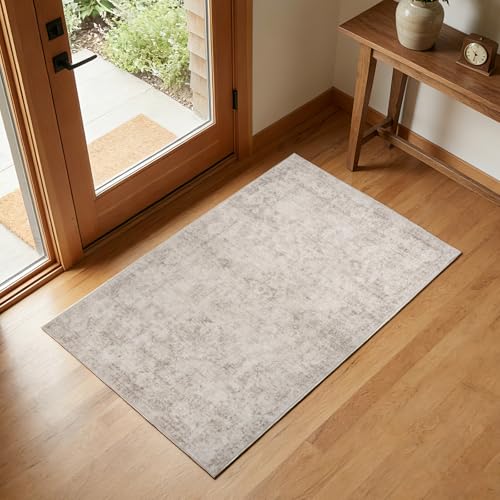 Area Rug 2x3 Washable Entry Mat, Indoor Mats for Entryway, Vintage Distressed Boho Small Rug, Low Pile Non Slip Doormat Indoor Entrance for Bathroom Bedroom Living Room Hallway Front Door-Beige 2'x3' - color: Beige, size: 2' x 3' (Rectangular)