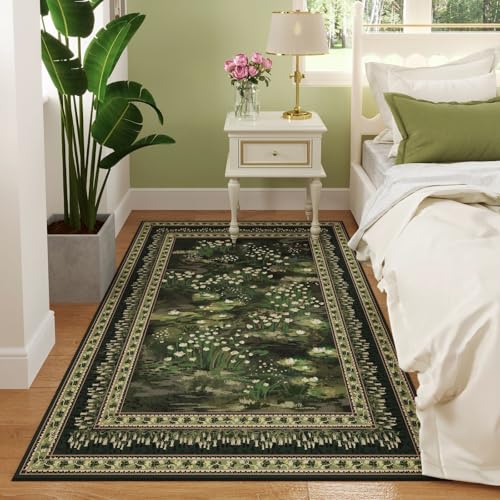 Rugcomf 3x5 Washable Rug Impressionist-Style Vintage Non Slip Low Pile Small Carpet for Bedroom Bedside Kitchen Entryway Kids Room Office College Dorm Essentials for Girls, Green - color: Green, size: 3' x 5' (Rectangular)