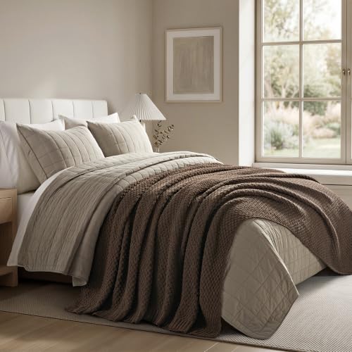 EVERGRACEHOME Chunky Chenille Knit Throw Blanket for Couch, Soft Luxurious Oversized Queen Moss Stitch Blanket for Bed, Cozy Farmhouse Knitted Throw for Sofa, Cocoa Brown, 90" x 90" - color: Cocoa Brown, size: 90" X 90"