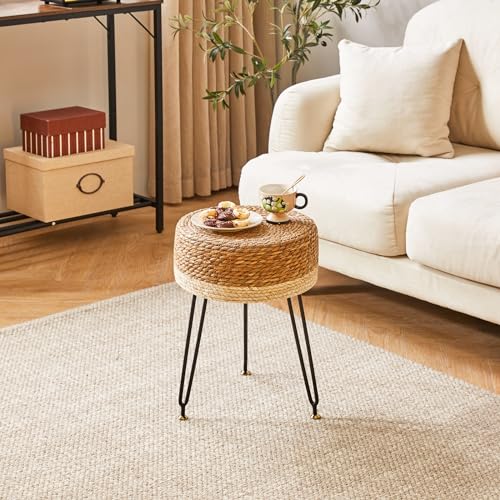 YMYNY Pouf Ottoman, Handmade Natural Water Hyacinth, Pastoral Style Footrest, Footstool with 4 Metal Legs Round Vanity Stool for Bedroom, Hallway, Living Room 12.59"L×12.59"W×17.71"H White UHBD029W - color: White