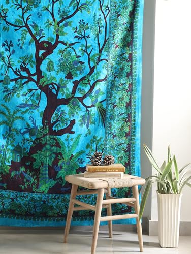 Popular Handicrafts Tapestry Wall Hanging Hippie Tree of Life Kaleidoscope Bohemian Hippy Intricate Floral Design Indian Tapestries Bedspread Turquoise 53 x 78 Inch - color: Turquoise, size: 78"L x 53"W
