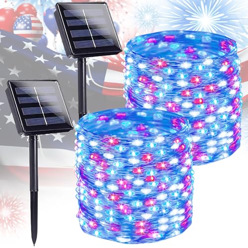 4th of July Decorations Solar String Lights 2Pack 400LED Independence Day Lights for Outside, Red White and Blue Solar Light Waterproof, Copper Wire 8 Modes Twinkle Light for Memorial Day National Day - color: Red Blue White, size: 2 Pack-400LED