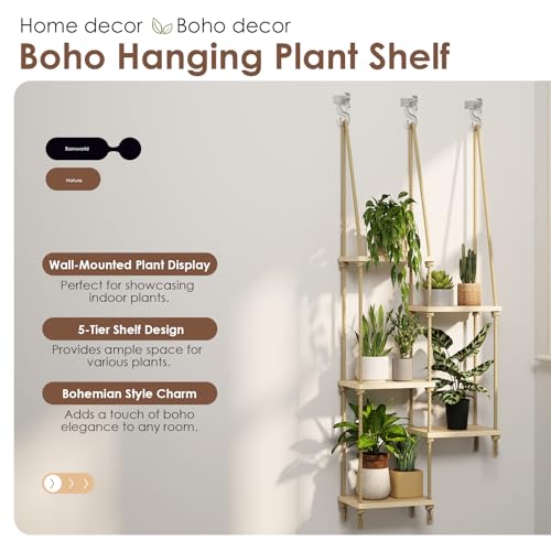Bamworld Hanging Shelves Plant Hanger Indoor Window Plant Shelves Wood Plant Wall Shelf Window Sill Plant Shelf Indoor Hanging Plant Stand Living Room Decor Garden Boho Decor - size: 5Tier