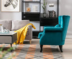 Kmax Teal Blue Accent Chair Velvet Wingback Chair with Pillow Nail-Head Channel Tufted Oversized Club Chair for Living Room Bedroom Guest Room - color: Teal Blue