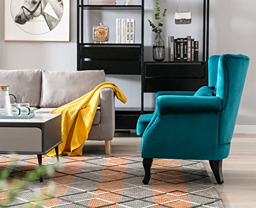 Kmax Teal Blue Accent Chair Velvet Wingback Chair with Pillow Nail-Head Channel Tufted Oversized Club Chair for Living Room Bedroom Guest Room - color: Teal Blue