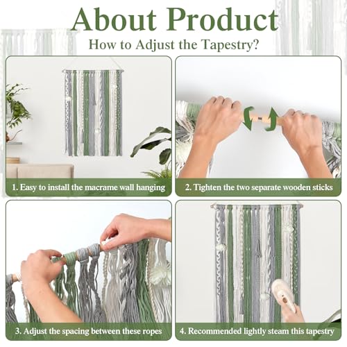 LOMOHOO Large Macrame Wall Hanging Boho Chic Home Decor, Green Gray Beige Yarn Tassel Woven Fringe Handmade Wall Art Decoration for Bedroom Living Room, Gift for Friend Girls Adults 23.6" Wx 34" L - color: Fringe Tassels