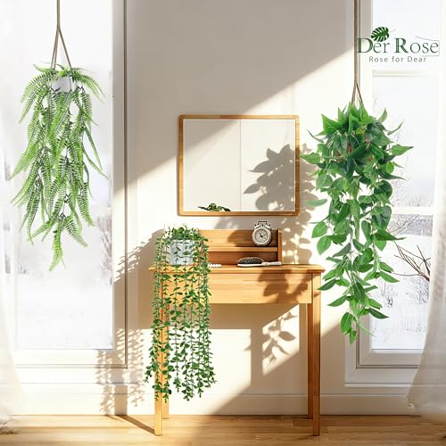 Der Rose 4Pcs Fake Plants Hanging Artificial Ivy Vine Faux Eucalyptus Hanging Plants, Boston Fern, String of Pearls for Living Room Bedroom Boho Wall Shelf Indoor Outdoor Decor (White Pots) - color: White Pots-4pcs