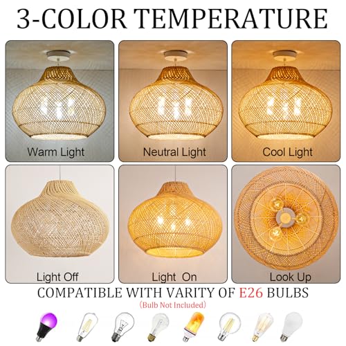 3-Light Rattan Pendant Light,18.9" Round Hanging Light,1-Pack Wicker Pendant Light Hand-Woven Rattan Chandelier for Workplace Dining Living Bedroom Kitchen Farmhouse - color: Metal+Rattan, size: 18.9" 3-Light
