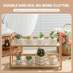 Yalikop 2 Pcs 17.7 Inch 2 Tier Matcha Station Shelf Bamboo Coffee Mug Stand Countertop Storage Rack, Double Layer Rattan Office Cup, Kitchen, Tea, Plant, Bar Accessories Condiment Display (Wood)