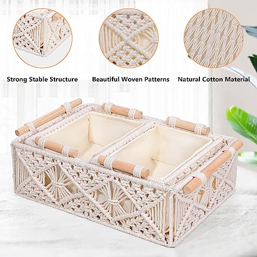 ANMINY 3PCS Macrame Storage Baskets for Organizing Boho Decor Baskets Storage Bins with Wood Handles Handmade Decorative Storage Boxes with Removable Liner Toilet Tank Bathroom Self Basket Organizer - color: Off White (Set of 3)