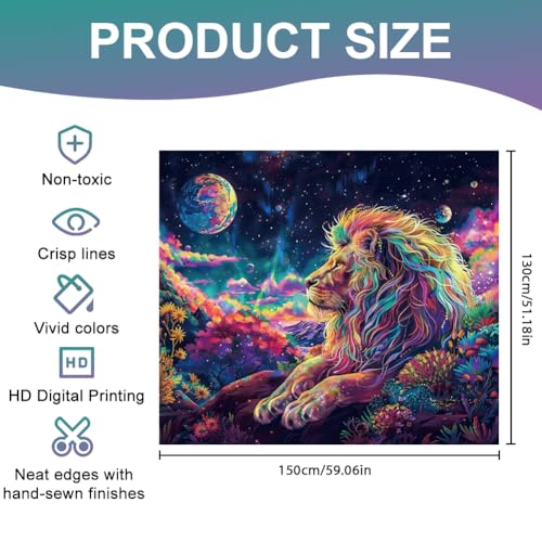 CRAFTYMELODY Lion Blacklight Tapestry Glow in the Dark Tapestry UV Reactive Moon Colorful Wall Hanging 59×51 Inch with Hook Self Adhesive Sticker Clip for Bedroom Home Wall Decoration - color: Lion