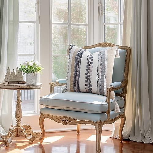 decorUhome Boho Decorative Throw Pillow Covers 18x18 Set of 2, Striped Chenille Tufted Pillow Covers with Tassels for Couch Bed Sofa, Cream White and Light Grey - color: Cream White and Light Grey