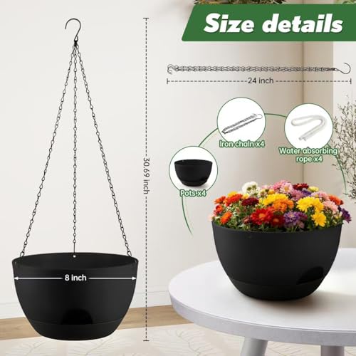 4-Piece Set of 8-Inch Hanging Planters with Automatic Watering System and Drip Tray, Includes Metal Chain, Suitable for Various Indoor and Outdoor Plants and Flowers,Black - color: Pure Black, size: 8 inch