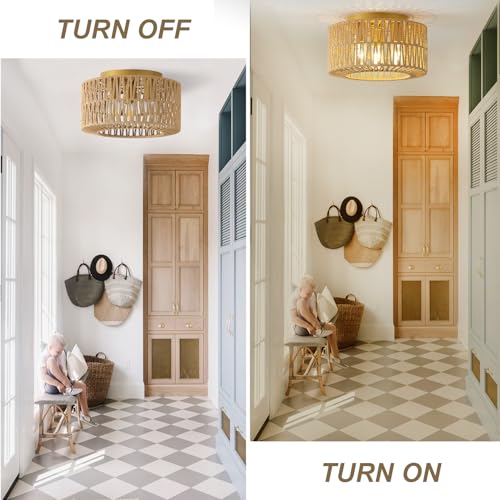 12.6" Rattan Flush Mount Ceiling Light Fixtures, 3-Light Boho Light Fixture Rattan Hand-Woven Chandelier Close to Ceiling Light Fixture for Bedroom Hallway Kitchen Dining Room Nursery(Brown) - color: 12.6”Brown