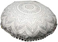 CRAFT KALA Mandala Floor Pillow Cushion Cover Seating Throw Cover Hippie Decorative Bohemian Ottoman Poufs Pom Pom Pillow Cases Boho Indian Cotton Living Room Home Décor 24" Round, White Silver Ombre