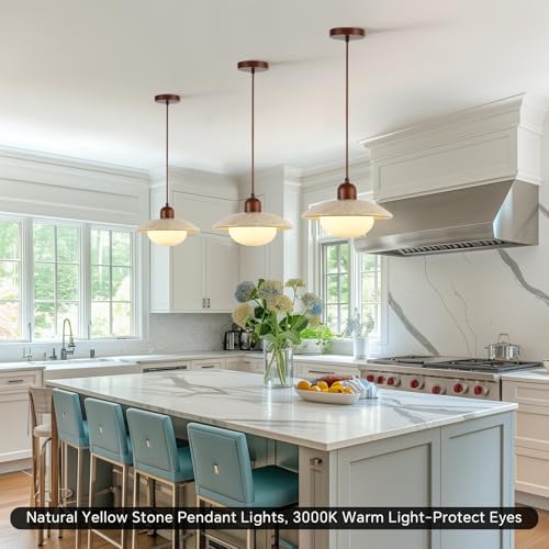 Pendant Lights Kitchen Island Wabi Sabi Lamp, Hanging Lighting Fixture Natural Stone Shade Chandelier, Japandi Style 20W Yellow Travertine Cave Hanging Lights for Bedroom Dining Living Room Hallway - color: Yellow, size: Travertine-10in