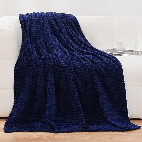 Puncuntex Flannel Fleece Throw Blanket Navy Blue 50"×60",Super Soft Plush Cozy Blanket with 3D Jacquard Square Grid Design Luxury for Couch Sofa Chair,Dark Blue - color: Navy Blue, size: 50"×60"