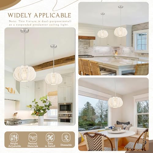 White Rattan Pendant Light 12.6 in Hemp Rope Rattan Light Fixture Woven Pendant Wicker Chandelier Boho Chandelier for Kitchen - color: 12.5" White