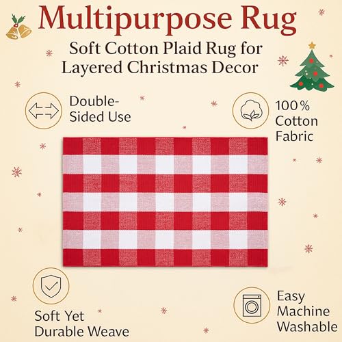 Christmas Door Mat Combo Set - 100% Coco Coir Welcome Mat + 28 x 43 Inch Red and White Plaid Rug, New Year Holiday Christmas Collection Doormat for Front Porch Entryway Decorative