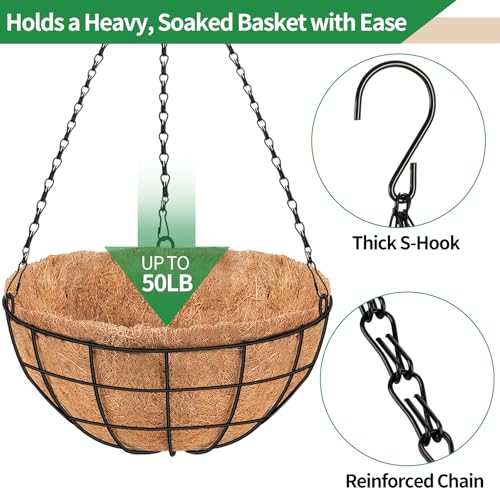 16 Inch Hanging Planters for Outdoor Plants,4 Pack Large Hanging Baskets for Plants Outdoor Metal Hanging Baskets with Thick Coco Coir Liners, Round Flower Pots for Porch Garden Ferns & Petunias - size: Large-16inch