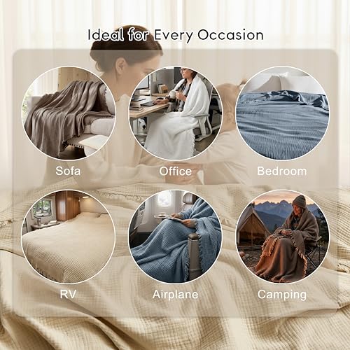 WDCOZY Muslin Throw Blanket 100% Cotton Blankets 4-Layer Breathable Lightweight Soft for Couch Boho Farmhouse Linen Tassels Ruffle Gauze Blankets All Season for Adults 50x60 Inches Dusty Blue - color: Dusty Blue, size: Throw (50"x60")
