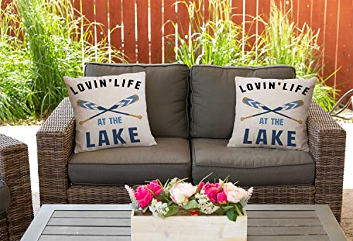 Nphuriy Black Blue Word Art Quote Loving Life at The Lake Wooden Paddle Oar Summer Decorative Throw Pillow Cover Case Cushion Home Living Room Bed Sofa Car Cotton Linen Square 16 x 16 Inches - color: Multi 32