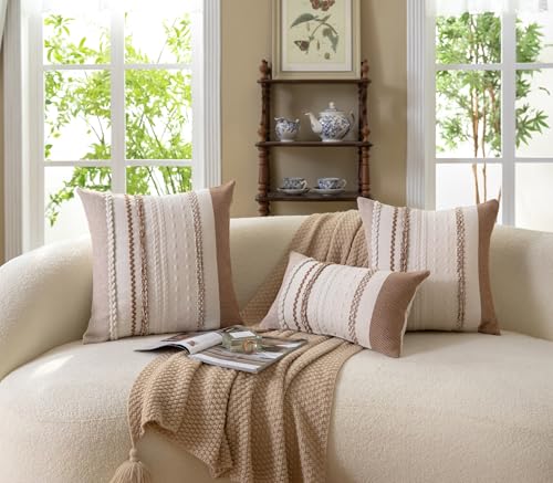 Cethom Boho Throw Pillow Covers 12x20 Inch Set of 2, Brown Textured Decorative Couch Pillow Cases for Farmhouse Home Decor, Accent Cushion Cover for Sofa, Bed, Living Room, Bedroom - color: Brown, size: 20" x 12" (Pack of 2)