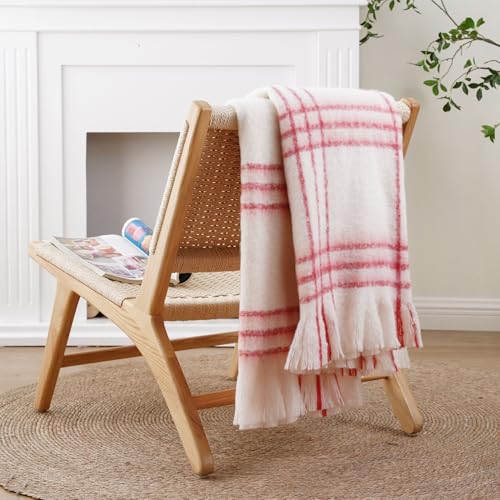 Battilo Cream Plaid Throw Blanket for Couch Bed, Farmhouse Mohair Blankets Throws, Soft Cashmere Tartan Plaid Throws, Red Christmas Stripe Throw Blankets for Home Decor(50"x60") - color: Red Stripe