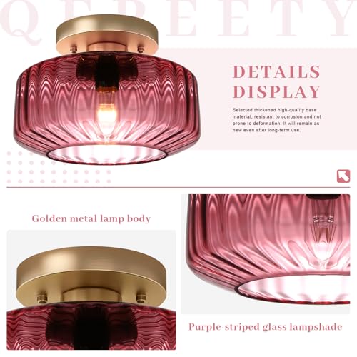 8.66" Low-Profile Purple Glass Flush Mount Ceiling Light, Gold Metal 1-Light Fixture, Easy Install Semi-Flush Lamp for Small Bedrooms, Bathrooms, Closets - color: Small, 8.66" Purple