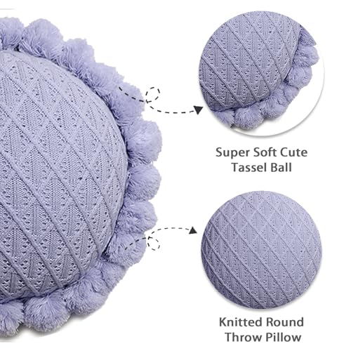 Acrylic Knitted Round Throw Pillow Knitting Bohemian Circular Cushion Pillow with Knit Handmade Pompoms Decorative Romantic Purple, Diameter 18inches - color: Romantic Purple