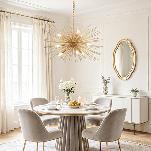29" Modern Sputnik Chandelier 9-Lights Mid Century Modern Starburst Golden Chandelier Luxury Gold Solid Metal Sputnik Satellite Chandeliers for Dining Room, Kitchen Island, Bedroom - color: Golden 29" 9-Light