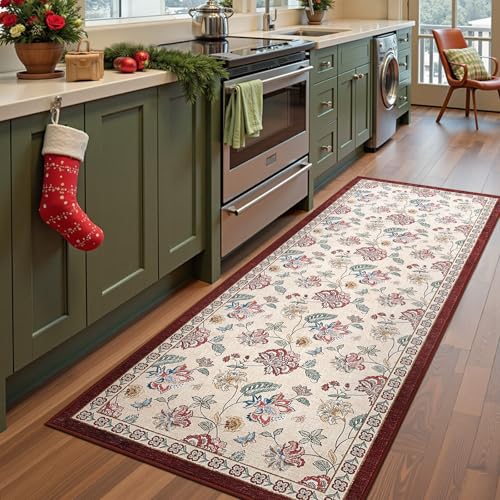 jinchan Elora 3x8 Floral Runner Rug for Hallway Washable Kitchen Runner Vintage Romance Design Non Slip Thin Indoor Floor Cover Low-Profile Throw Carpet for Entryway Bathroom Bedroom Porch, Red/Beige - color: Bloom Red/Beige, size: 3' x 8' (Light Weight)