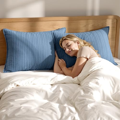 100% Cotton Waffle Pillow Shams Standard Size, 2 Pack 20x26 Decorative Pillow Covers for Bed Couch Sofa, Neutral Coastal Weave Cushion Cases Modern Farmhouse Home Decor, Blue - color: Blue, size: 26" x 20" (Pack of 2)