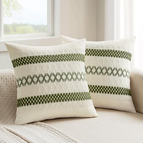 MIULEE Set of 2 Moss Green Boho Decorative Pillow Covers 18x18 Inch Farmhouse Rustic Couch Throw Pillows Modern Summer Cotton Cushion Covers Retro Cute Macrame Woven Spring Decor for Bed Sofa Chair - color: Moss Green, size: 18" x 18" (Pack of 2)