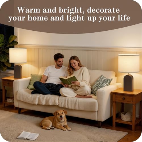 EJIAXIN Wood Table Lamps Set of 2-19" Walnut Farmhouse Bedside Lamp with Adjustable Color Temperatures - Modern Rustic Linen Lampshade Nightstand Lamps for Bedroom Living Room Office, Bulbs Included - color: Walnut