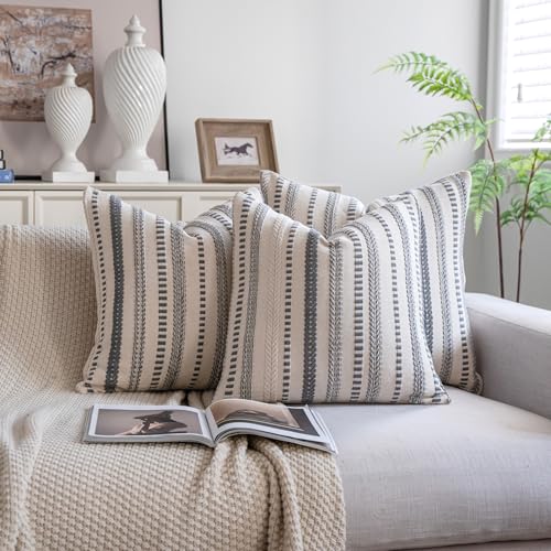Cethom Grey Boho Throw Pillow Covers 18x18 Inch Set of 2, Stripe Textured Decorative Couch Pillow Cases for Bed, Sofa, Living Room, Bedroom, Farmhouse Home Accent Cushion Covers - color: Grey, size: 18" x 18" (Pack of 2)