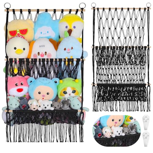 2 Tier Stuffed Animal Storage Shelf Net, 17x32Inch Large Stuffed Animal Organizer Holder Display for Mini Medium Stuffy, Black Boho Macrame Wall Plushies Stuffy Storage for Nursery Decor - color: Black, size: Large-2 Tier-17x32 Inch
