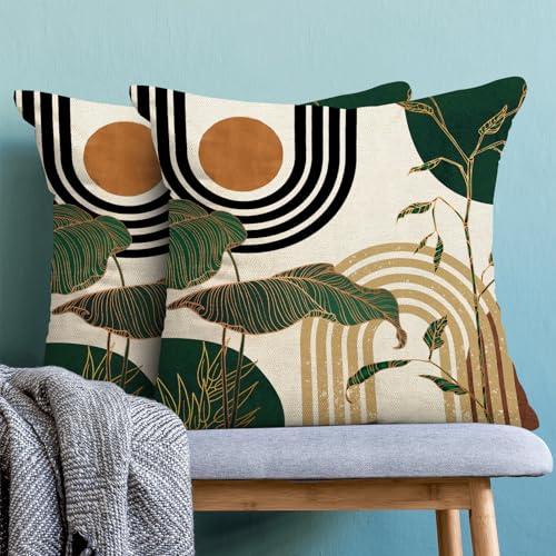 Boho Pillow Covers 18x18 Set of Mid Century Green Black Beige Tropical Leaf Aesthetic Throw Pillow Covers Outdoor Decor,Abstract Modern Bohemian Farmhouse Decorative Cushion Cover for Home Sofa - color: Mid Century-tropical Leaf, size: 18" x 18" (Pack of