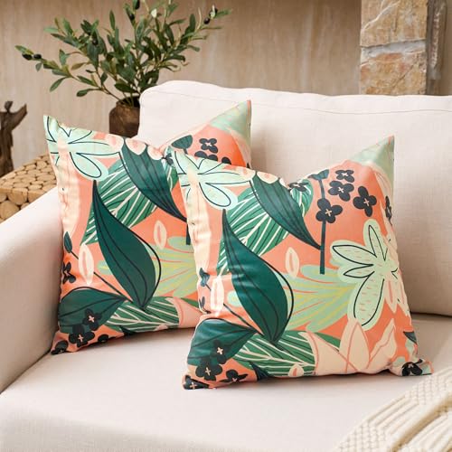 Tyrot Boho Floral Velvet Throw Pillow Covers 20x20 Inch Set of 2 Farmhouse Cushion Covers Mid Century Modern Botanical Home Decor Accent Pillow Cases for Couch Bed Sofa Living Room, Bedroom, Coral - color: Coral Breeze, size: 20" x 20" (Pack of 2)