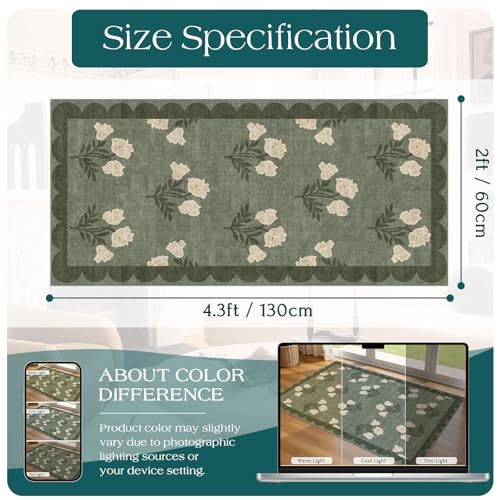 Front Door Mat Indoor Entrance - 2x4.3 Ft Floral Washable Layered Doormat Outdoor Entrance Porch Rug Non-Slip Sage Green Boho Runner Rug for Kitchen Hallway Bedroom Laundry Room Porch Decor - color: Flower - Green, size: 2' x 4'3" (Rectangular)