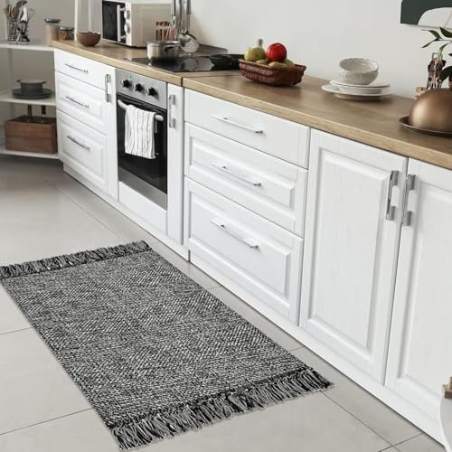 Collive Black Bathroom Rug, 2' x 3' Hand-Woven Washable Small Kitchen Rugs, 45% Cotton, 45% Polyester, 10% Viscose - Cotton Reversible Entryway Rug Modern Farmhouse Carpet for Foyer Bedroom Back Door - color: Black/Cream, size: 2' x 3' (Rectangular)