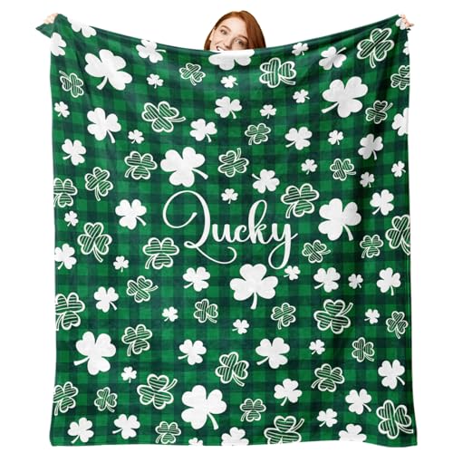 St Patricks Day Flannel Throw Blanket, Lucky White Shamrock Clover Buffalo Plaid Check Birthday Gifts for Kids Men Women, Irish Spring Soft Blankets for Bedding Sofa 50" x 60" - color: Lucky Clover