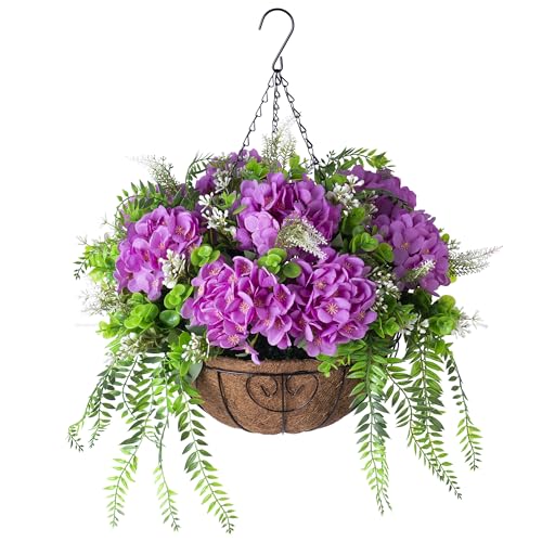 Ammyoo Artificial Flowers in Hanging Basket Planter for Home Spring Summer Decoration, Silk Hydrangea Outdoor Indoor Arrangements, 12" Metal Coconut Lining Basket with Faux Plant(Purple) - color: Z-purple With Basket